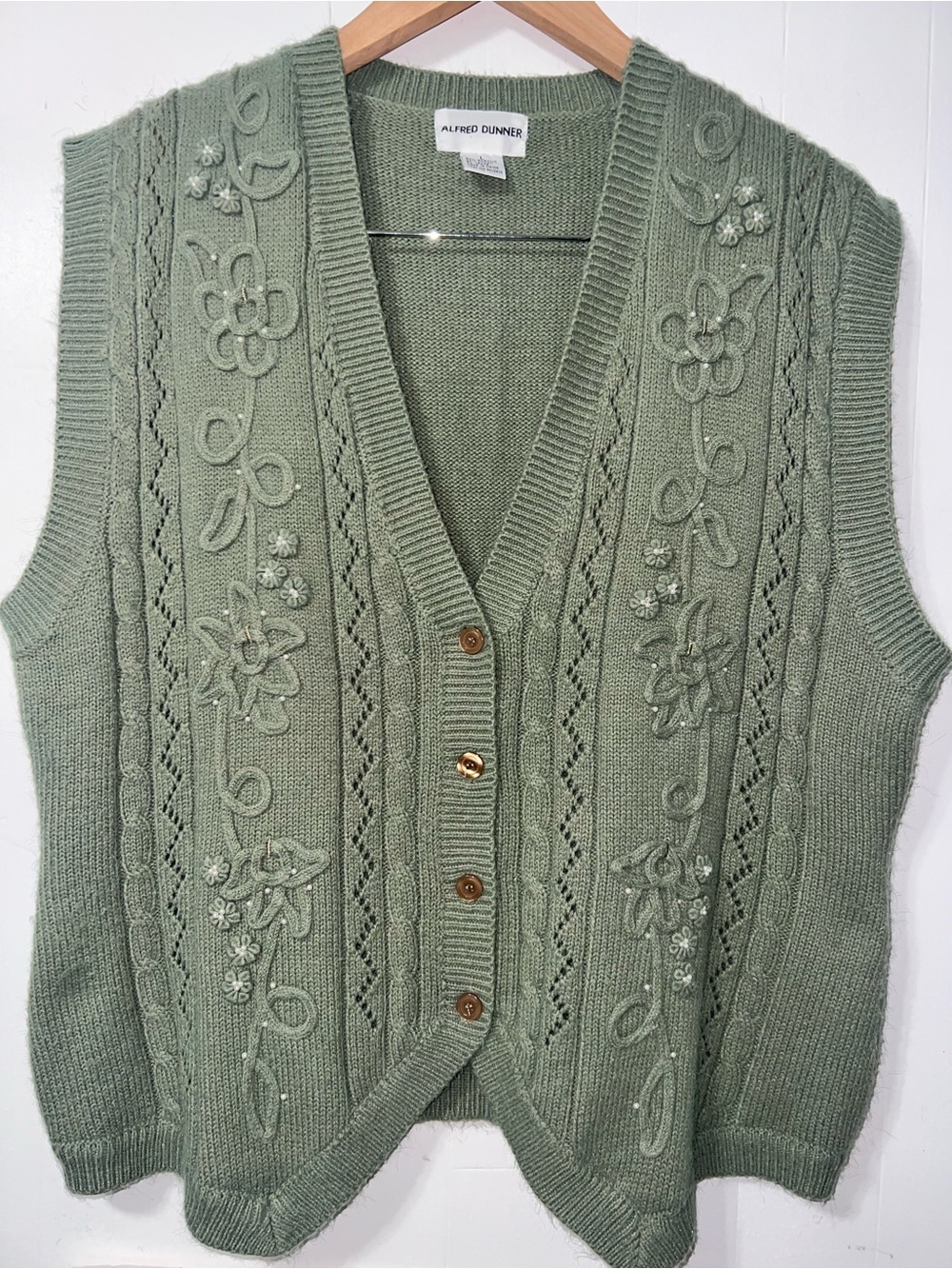 Vintage 90’s Cottagecore Floral Pearl Accents Cable Knit Sweater Vest Sage L
